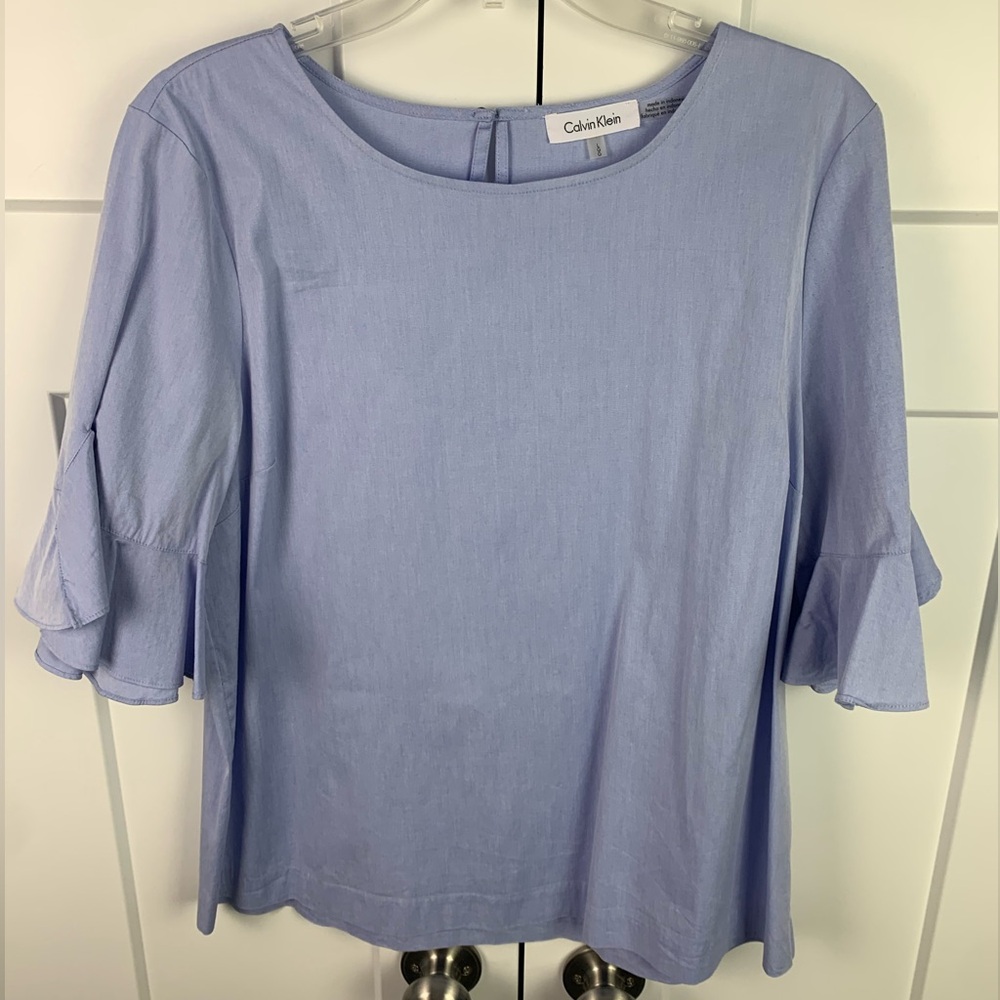 Calvin Klein Women's Light Blue Ruffle Sleeve Top